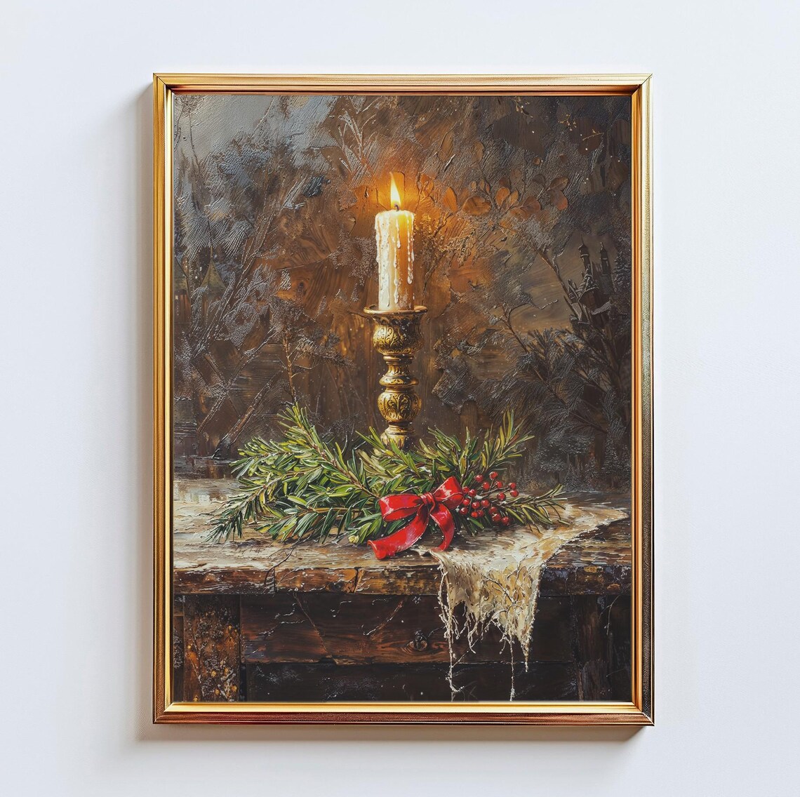 Vintage Christmas Candle Still Life Evergreen Ribbon Rustic Poster