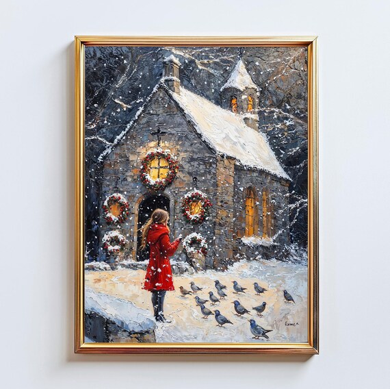 Girl Red Coat Feeding Pigeons Snowy Church Christmas Wreath Poster