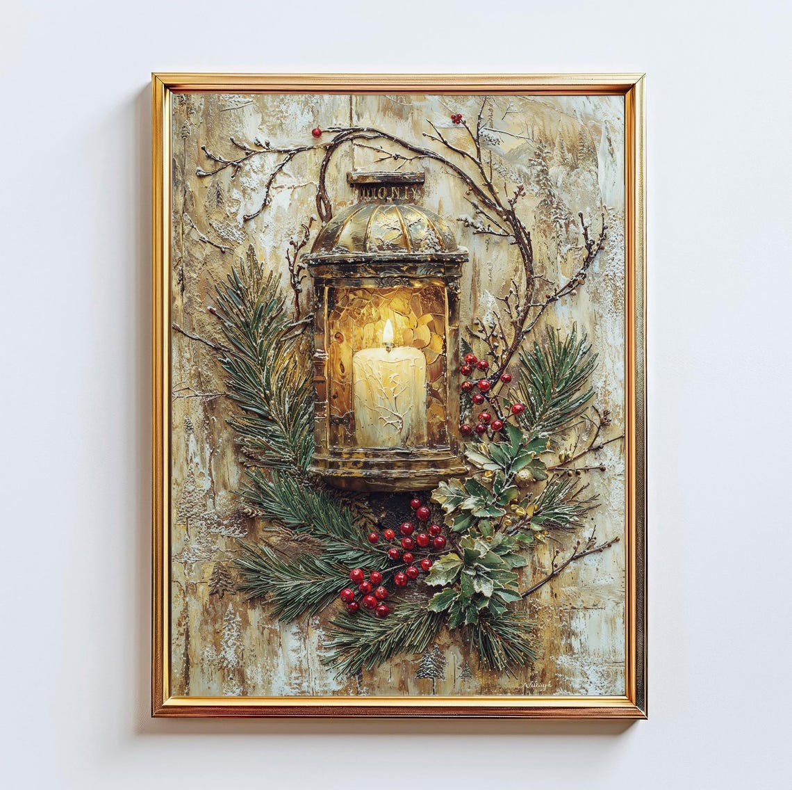 Glowing Candle Lantern Pine Berries Winter Texture Holiday Poster