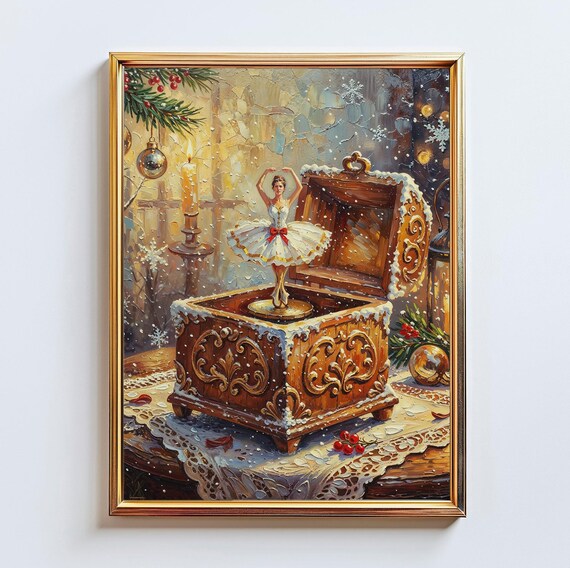 Ballerina Music Box Christmas Oil Painting Dancing Figurine Snow Poster