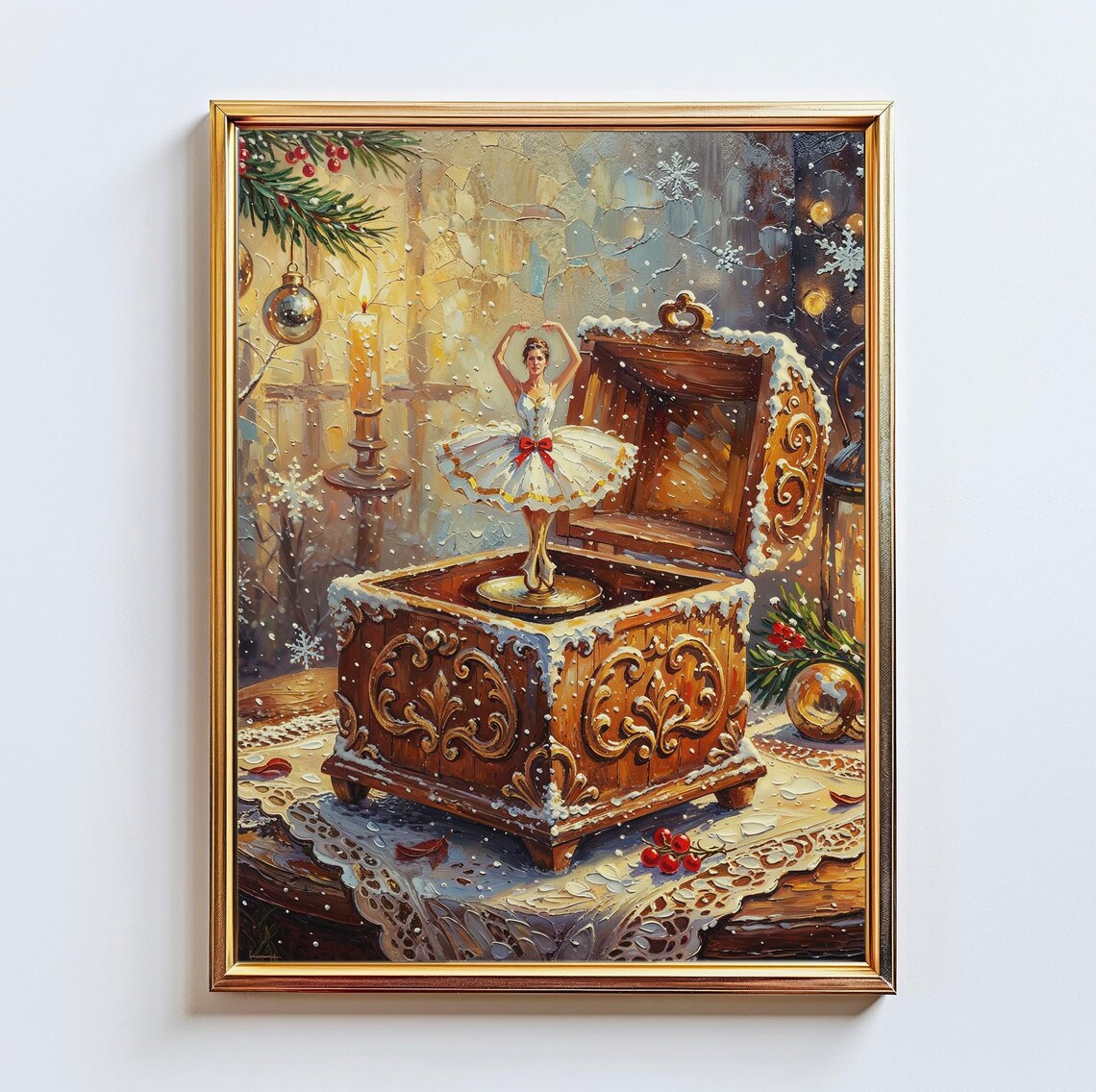 Ballerina Music Box Christmas Oil Painting Dancing Figurine Snow Poster