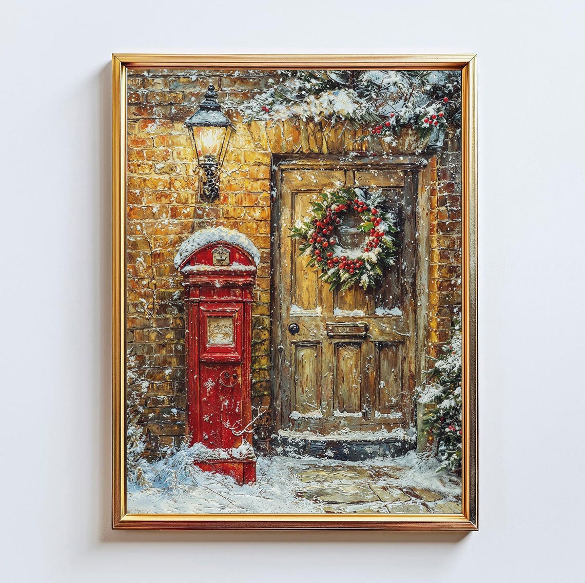 Vintage Christmas Door Red Postbox Snowy Brick Cottage Holiday Poster