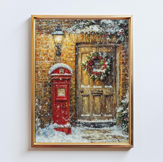 Vintage Christmas Door Red Postbox Snowy Brick Cottage Holiday Poster