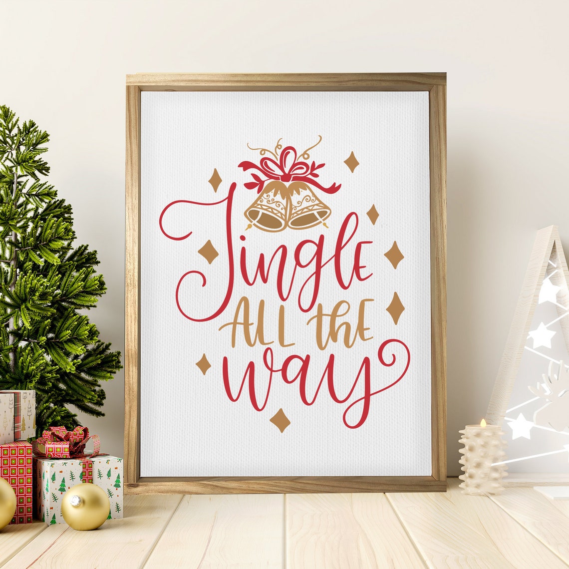 Jingle All the Way Christmas Song Sign With Golden Bells Poster