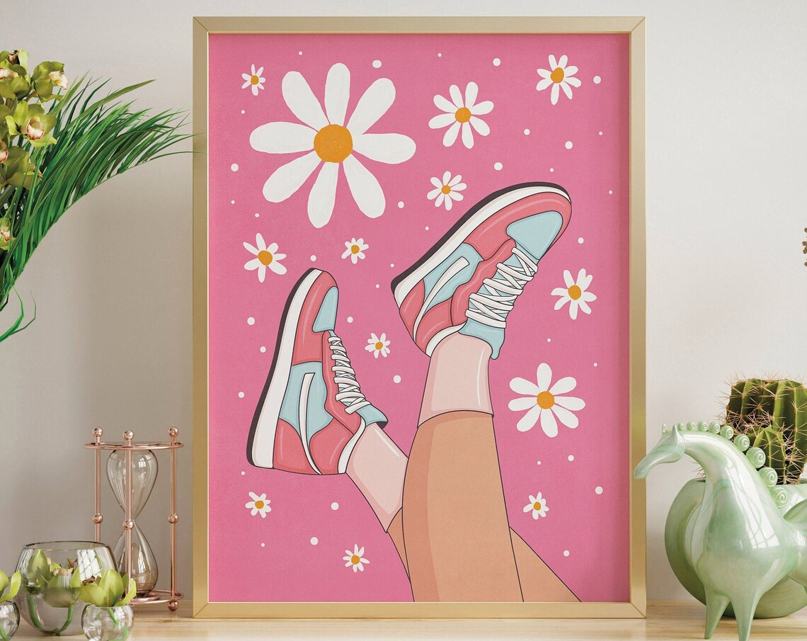 Daisy And Sneaker Art Print, Trendy Girls Room Decor