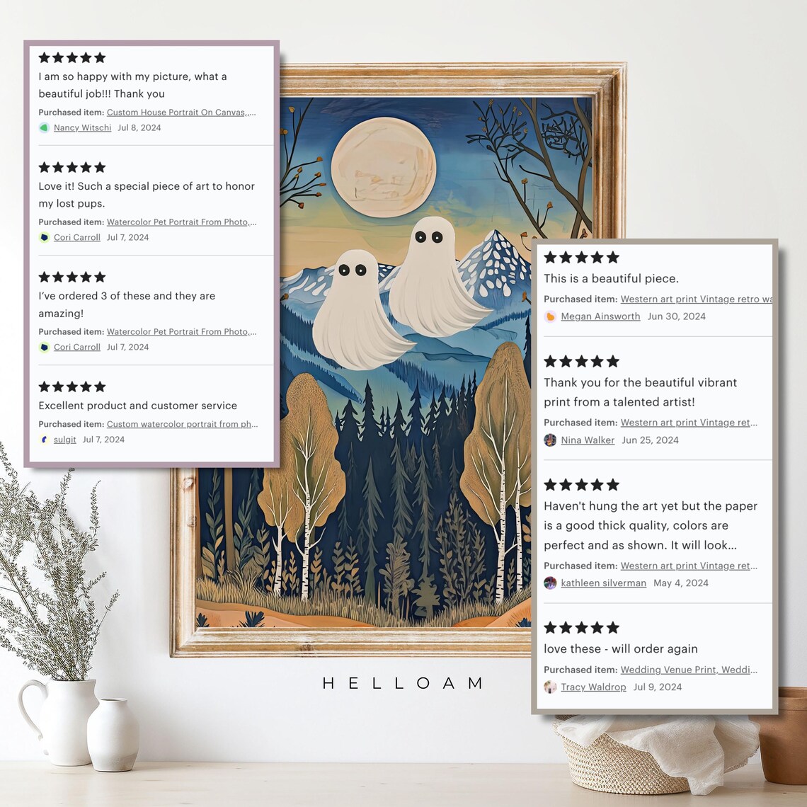 Two Cute Ghosts Floating Over Moonlit Mountains Forest Halloween Poster - Image 4
