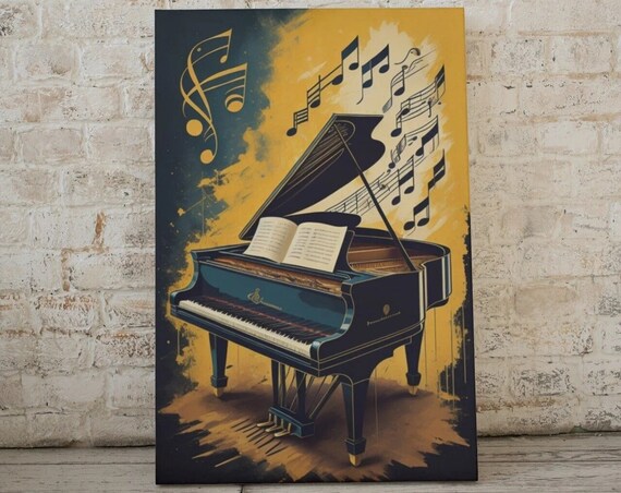 Vintage Black Grand Piano Sheet Music Gold Notes Retro Jazz Poster
