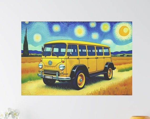 Van Gogh Style Countryside Landscape Print Vintage Yellow Car Art Van Gogh Inspired Car Wall Art Yellow Wall Art