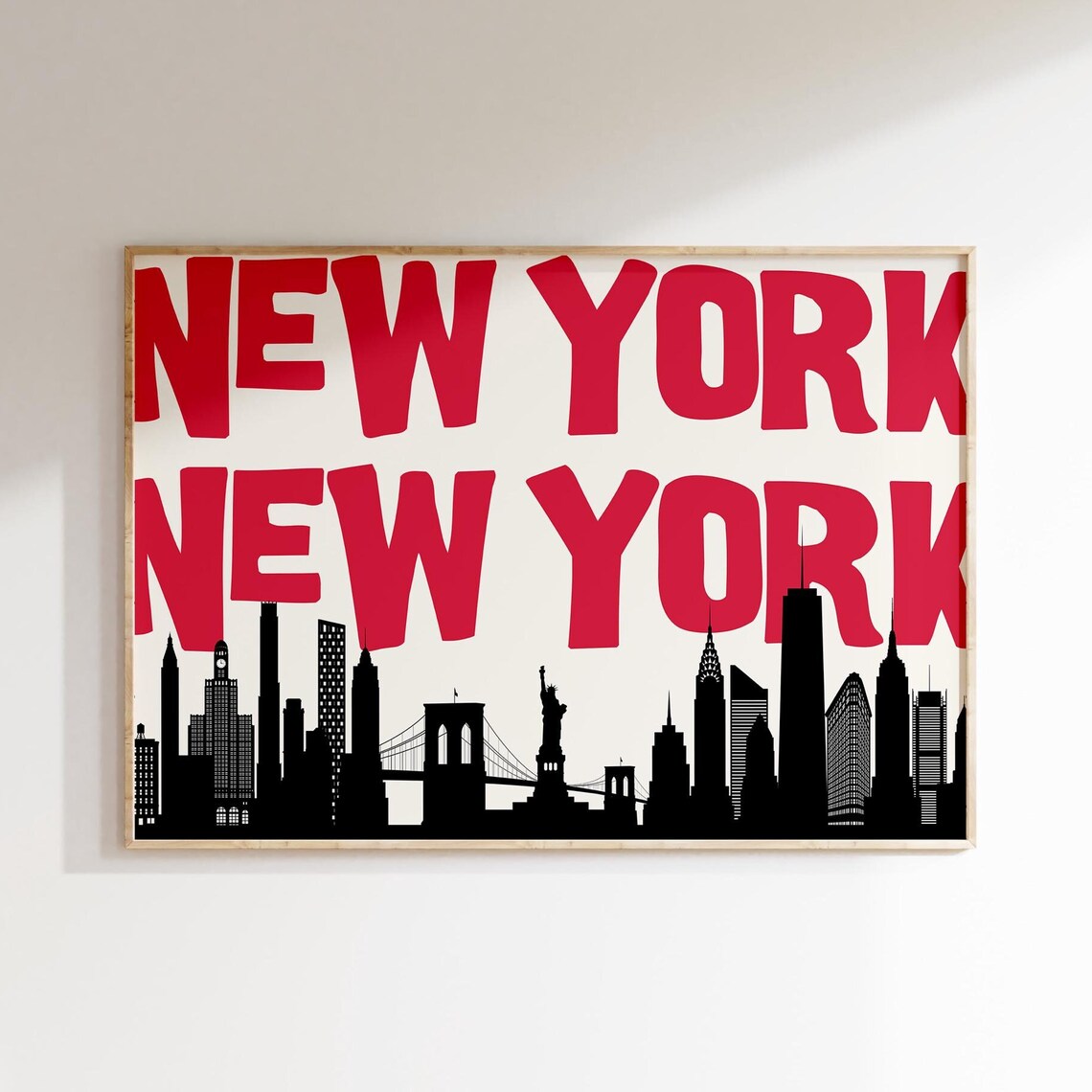 New York City Skyline Bold Red Typography Poster with Statue of Liberty