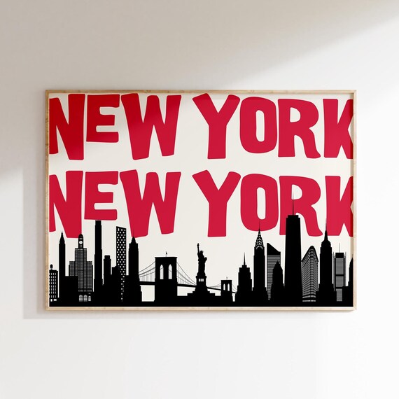 New York City Skyline Bold Red Typography Poster with Statue of Liberty
