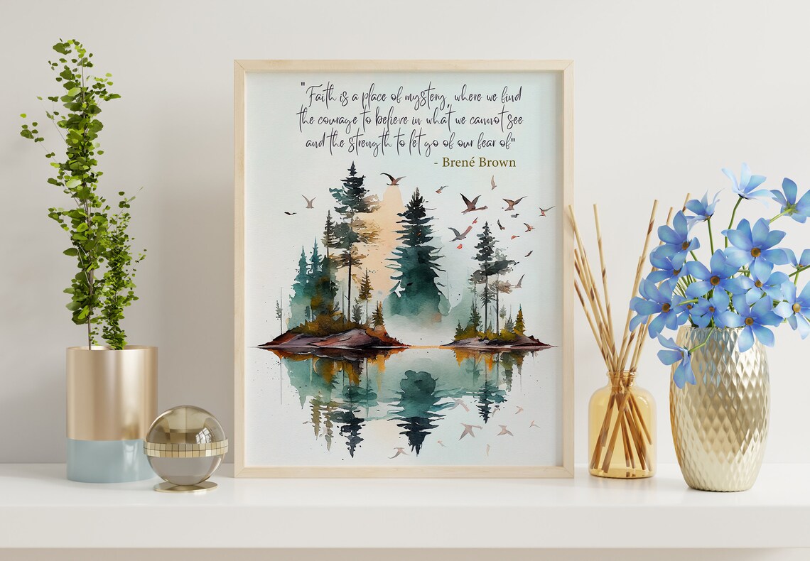 Faith Quote by Brene Brown Over a Mountain Lake Watercolor Poster