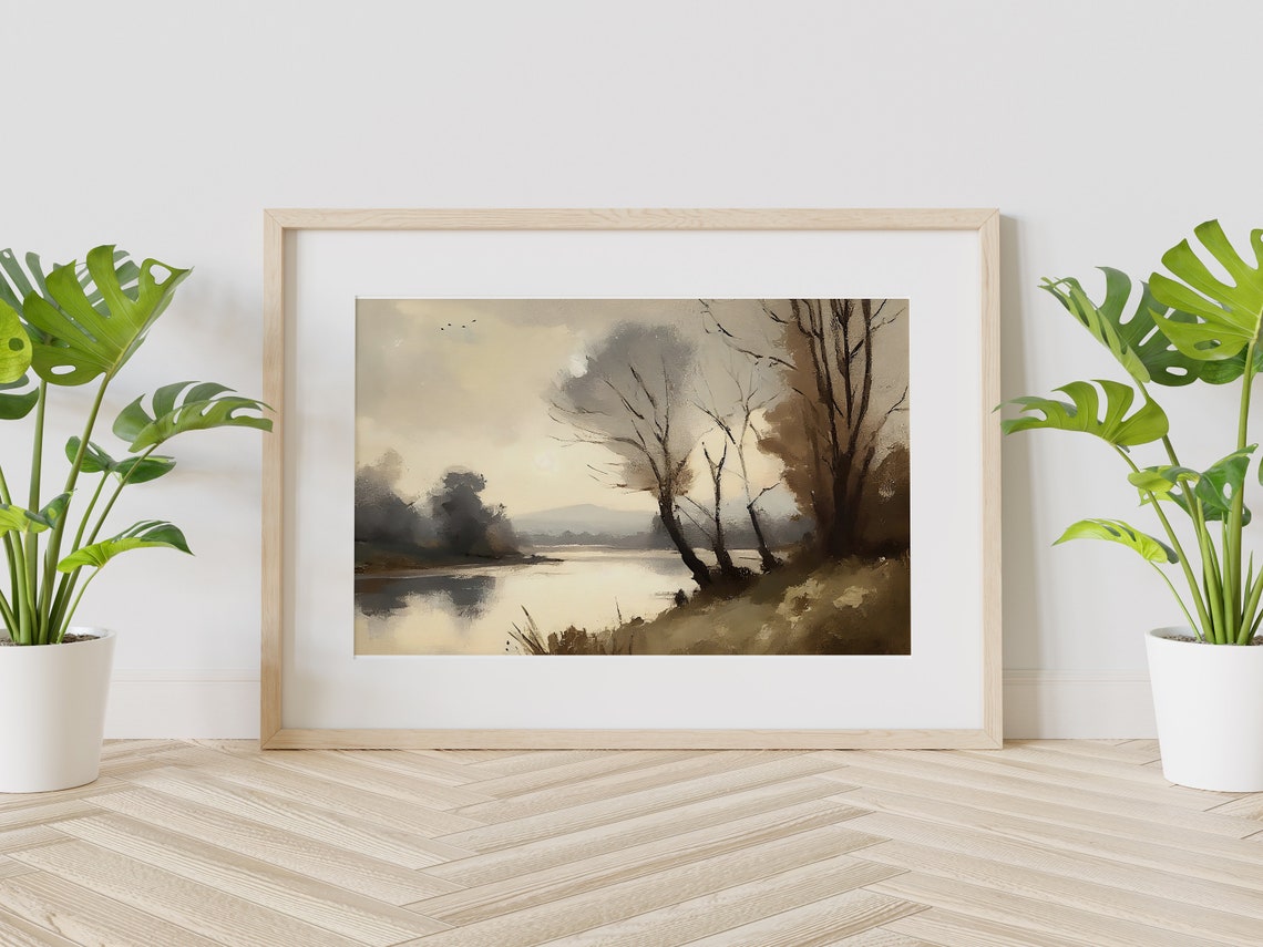 Misty Lakeside Trees Vintage Impressionist Oil Painting Poster