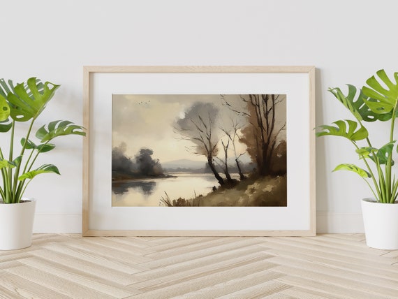 Oil Painting Art Print Of A Lake With Trees And Mountains Scenic Art Print