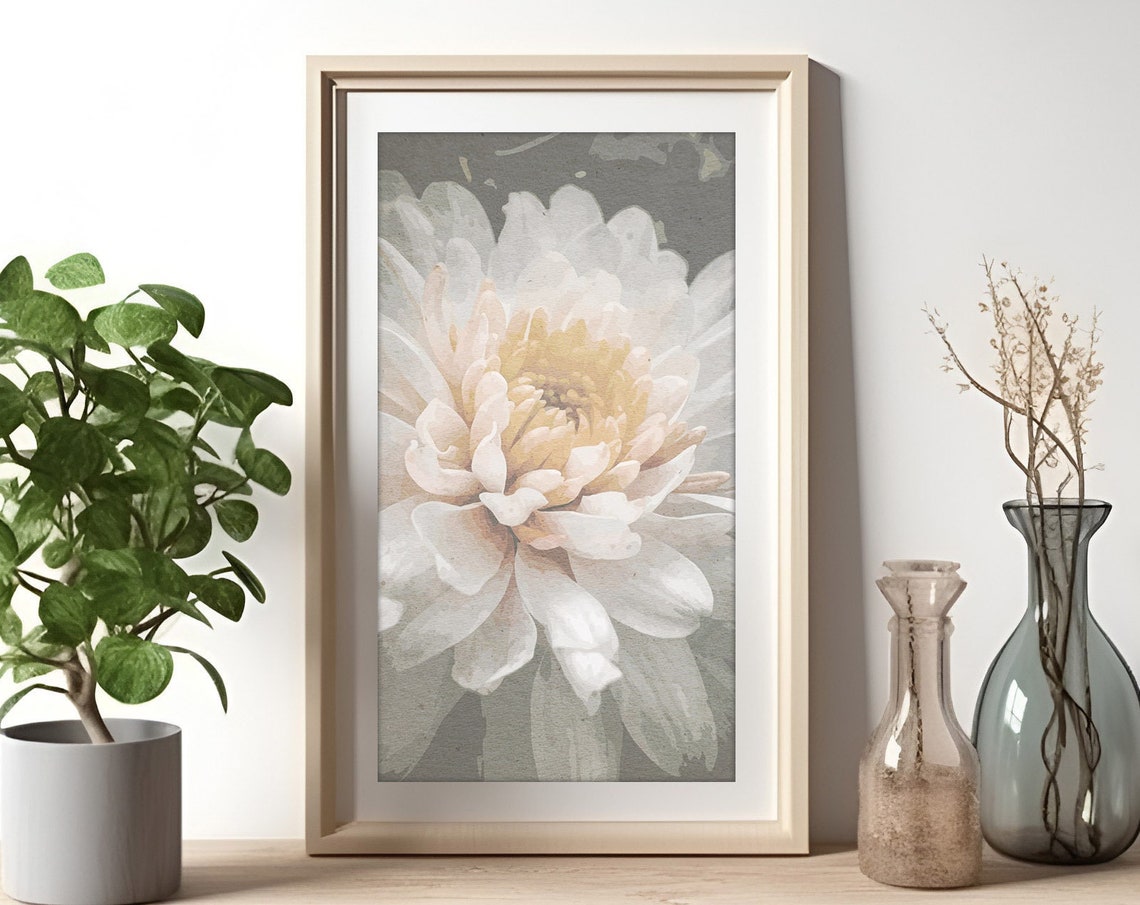 White Chrysanthemum Bloom Soft Botanical Flower Watercolor Art Poster