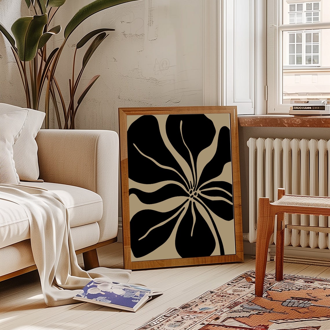 Bold Black Poppy Flower Beige Abstract Modern Floral Art Poster - Image 2