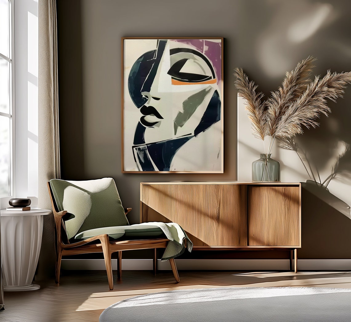 Cubist Woman Face Abstract Modern Beige Black Line Art Poster - Image 2