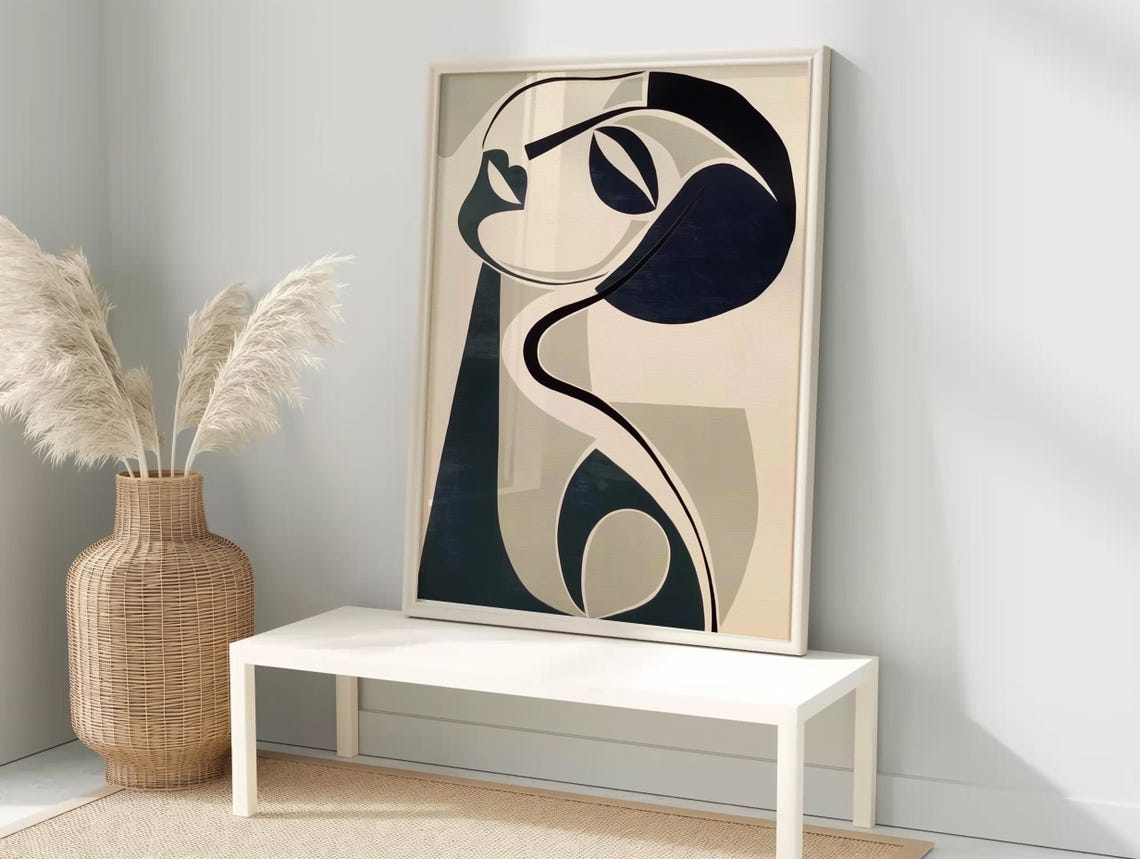 Cubist Face Abstract Navy Beige Modern Portrait Line Art Poster - Image 3