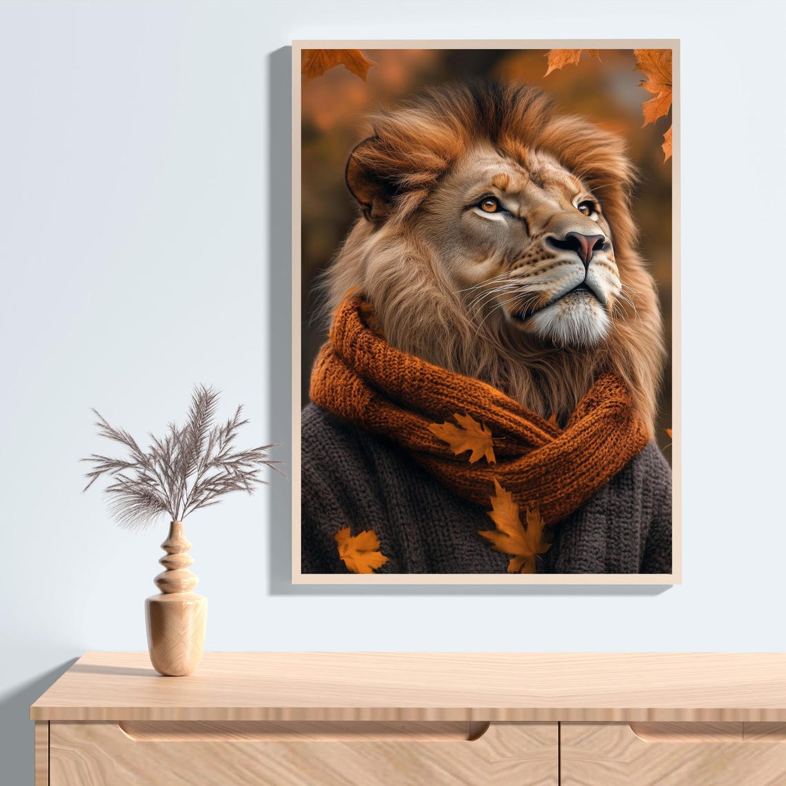 Lion in Knit Scarf Autumn Leaves Fall Wildlife Portrait Poster - Image 2