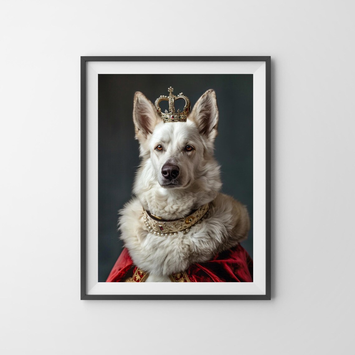 White German Shepherd King in a Red Robe and Crown Color Dog Poster - Image 3