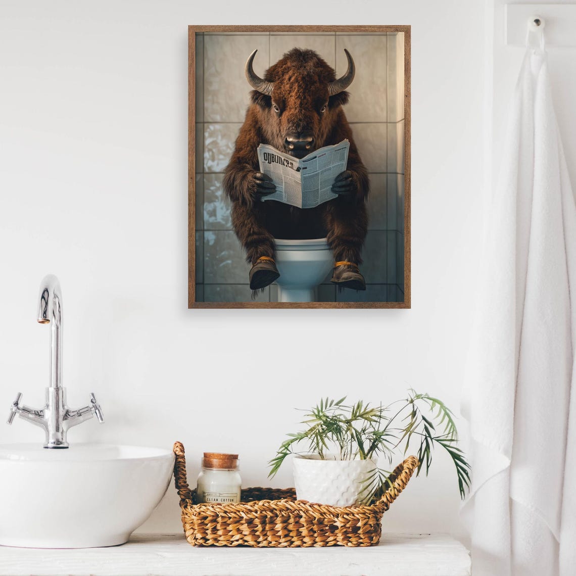 Bison Reading a Newspaper on the Toilet Wearing Boots Funny Poster - Image 2
