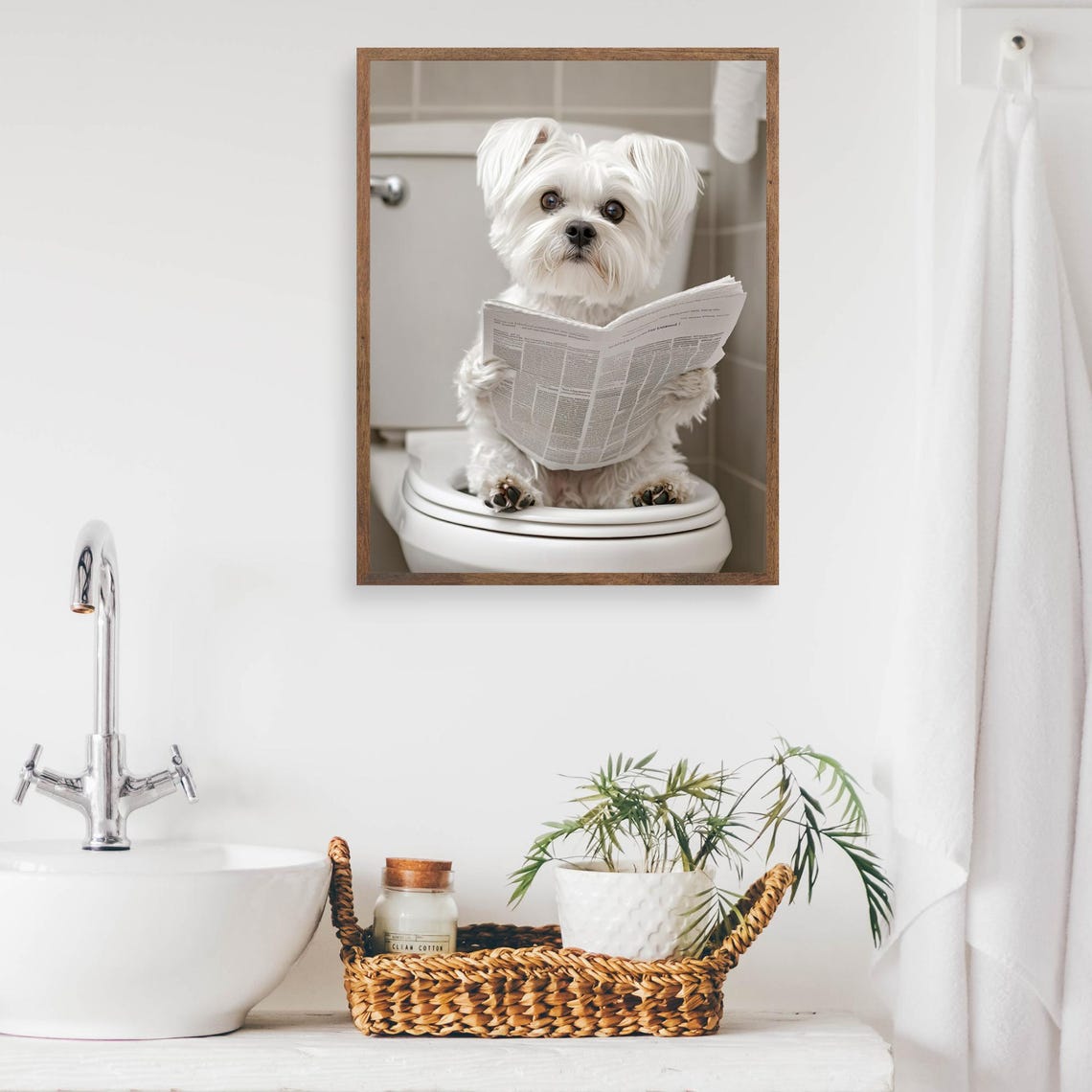 Tiny White Dog Reading Newspaper On The Toilet Bathroom Poster - Image 2