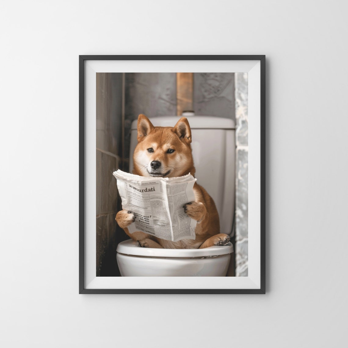 Shiba Inu Sitting On The Toilet Reading A Newspaper Funny Bathroom Humor Wall Decor Funny Animal Print Shiba Inu Print Ai Art - Image 3
