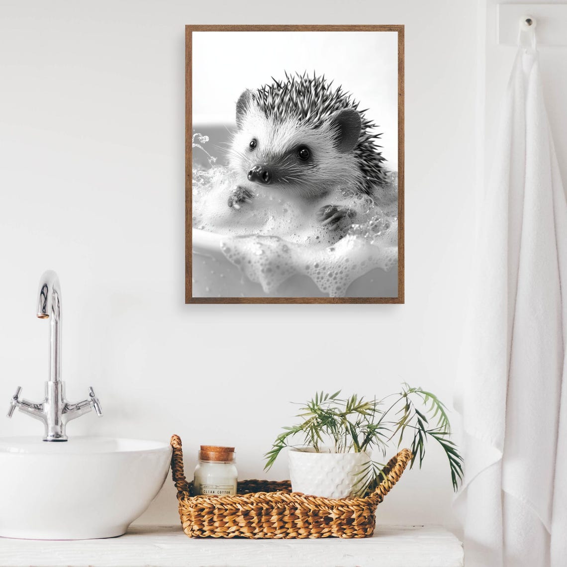 Hedgehog Enjoying a Bubble Bath in Black and White Cute Poster - Image 2
