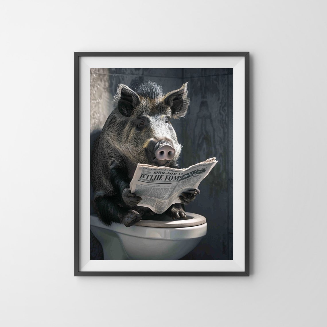 Wild Boar Reading Newspaper on Toilet Funny Colorful Bathroom Poster - Image 3