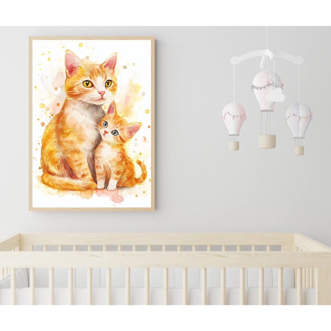 Orange Mama Cat and Kitten Cuddling Watercolor Nursery Room Poster - Image 2