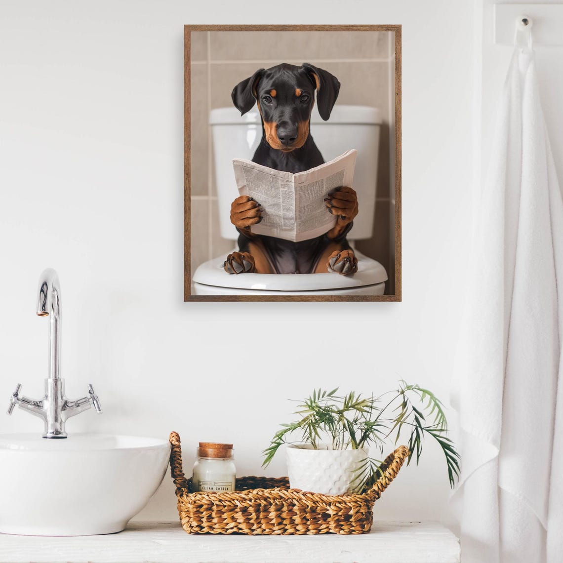 Doberman Puppy Reading a Newspaper on the Toilet Funny Dog Poster - Image 2