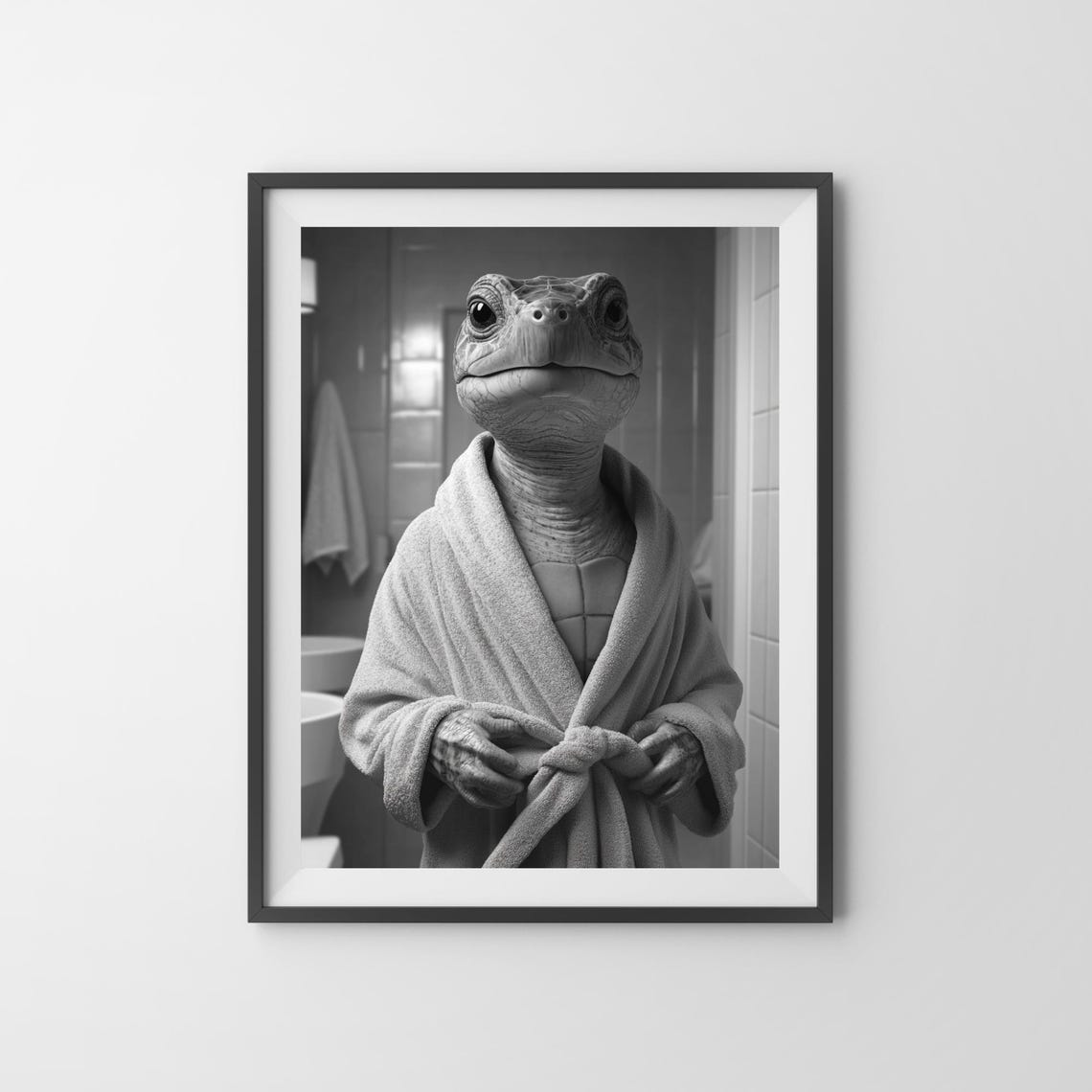 Turtle Wearing White Bathrobe Funny Black and White Bathroom Poster - Image 3