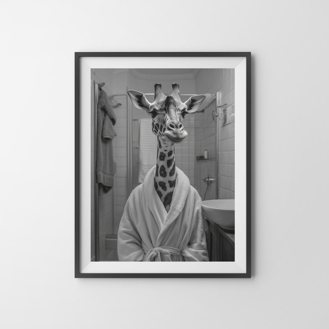 Giraffe in Bathrobe Black White Funny Bathroom Humor Art Poster - Image 3