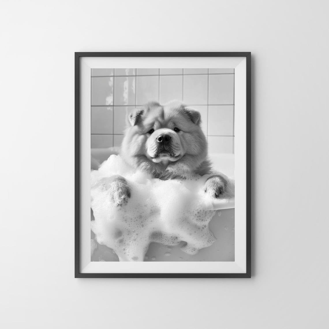 Chow Chow Puppy Taking A Bubble Bath Monochrome Bathroom Poster - Image 3