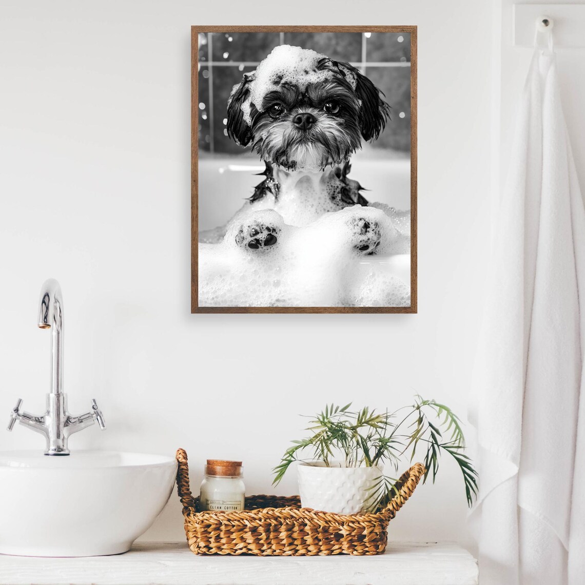 Shih Tzu in Bubble Bath Black and White Cute Dog Bathroom Poster - Image 2