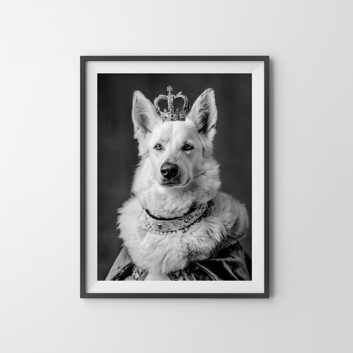White German Shepherd King Wearing a Crown Black and White Dog Poster - Image 3