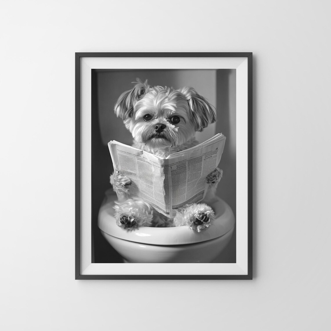 Shih Tzu Reading a Newspaper on the Toilet in Black and White Poster - Image 3