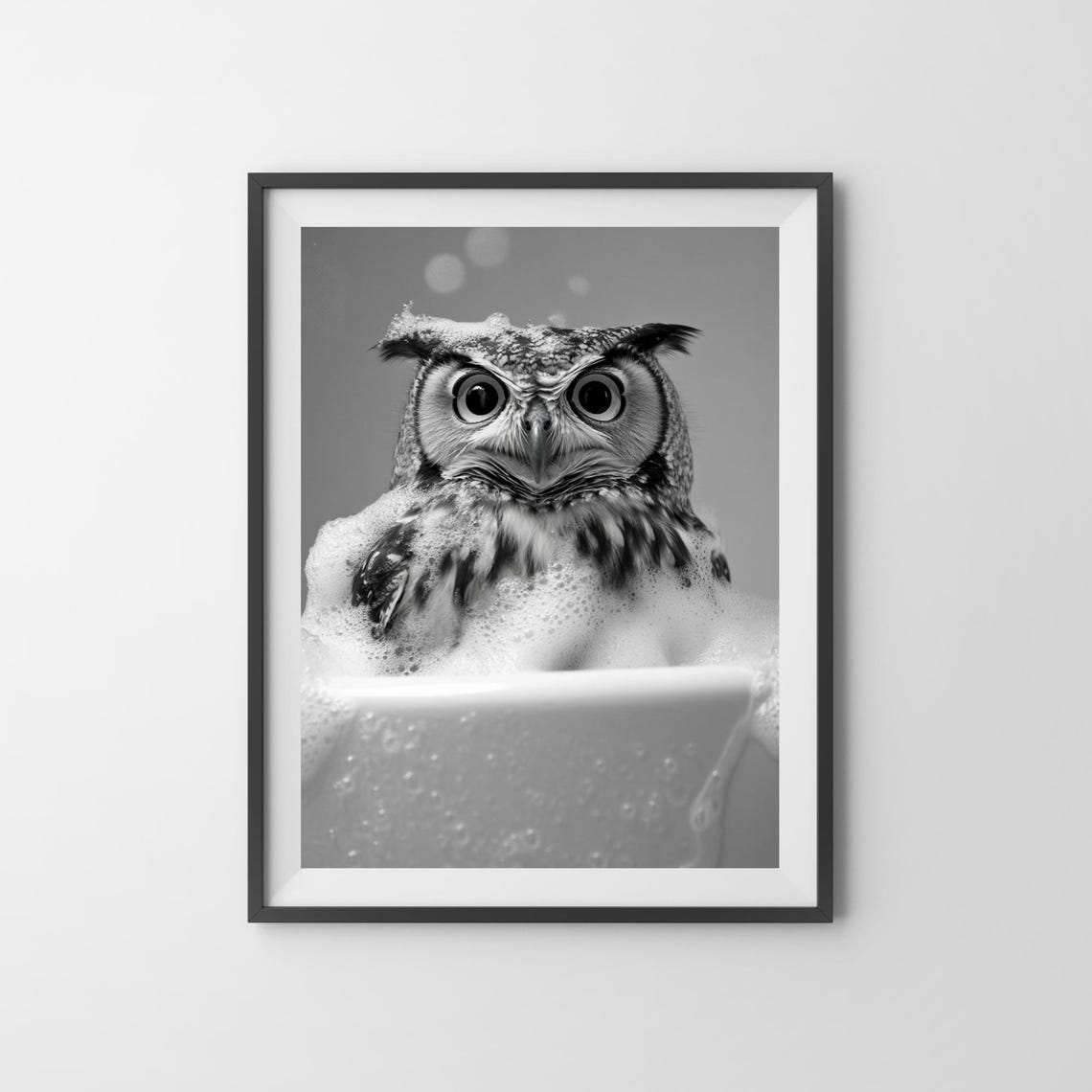 Owl Bubble Bath Funny Black And White Bathroom Animal Poster - Image 3