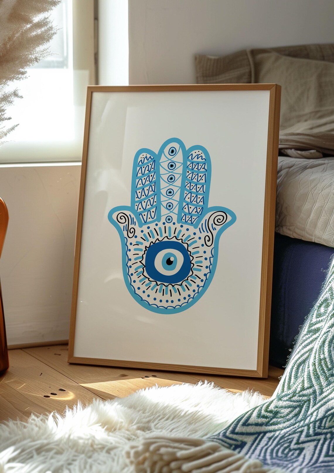 Blue Hamsa Hand Evil Eye Mandala Protection Symbol Art Print