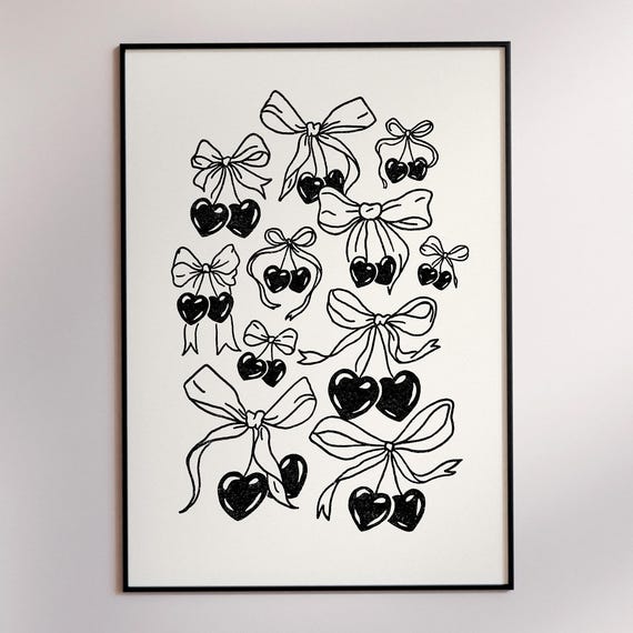 Retro Cherry Bow Print Funky Black And White Kitchen Wall Art