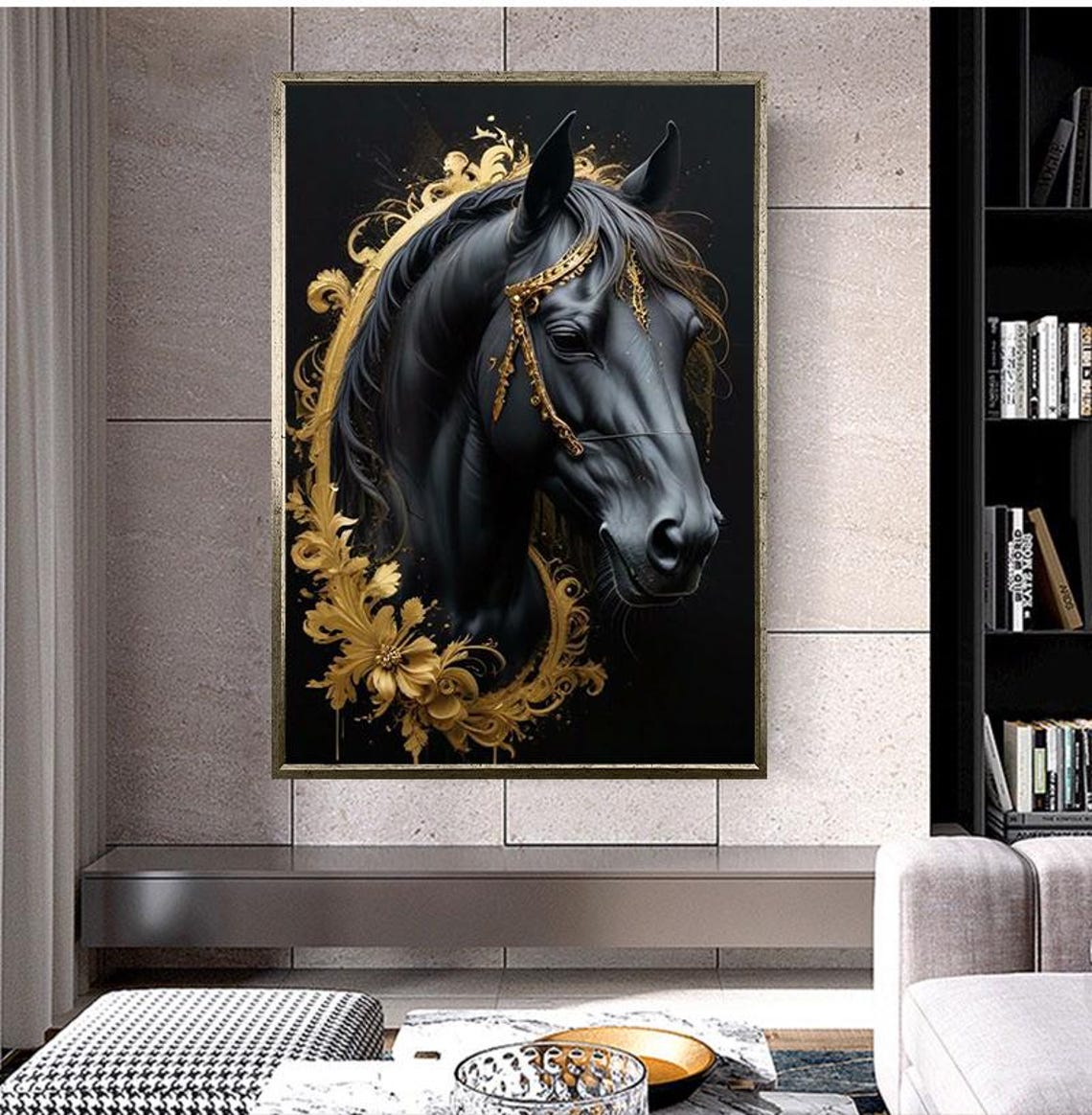 Black Horse With Golden Ornamental Bridle Regal Equine Art Poster - Image 5
