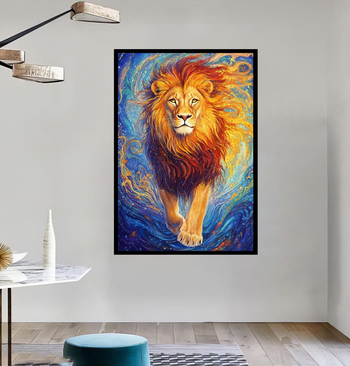 Lion Striding Forward From Swirling Blue and Gold Waves Art Poster - Image 4