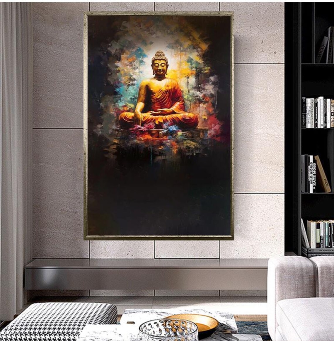 Golden Buddha Meditating On Lotus Flower Dark Background Art Poster - Image 5