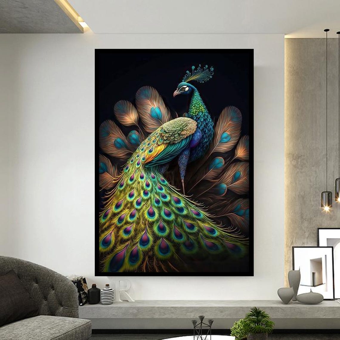 Peacock With Fanned Tail On Black Elegant Luxury Bird Poster - Image 4