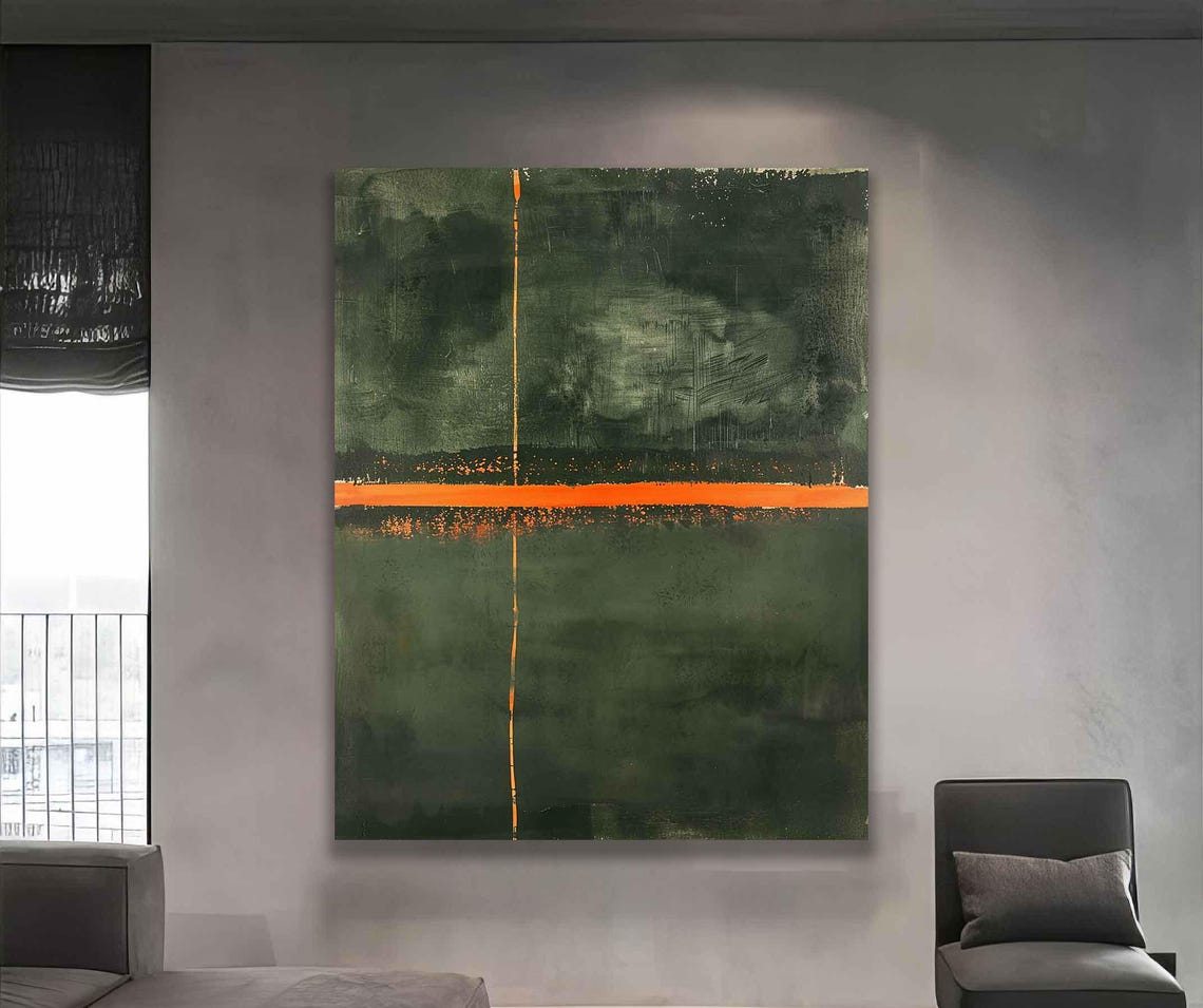 Dark Green Abstract with Orange Cross Line Modern Art Poster - Image 4