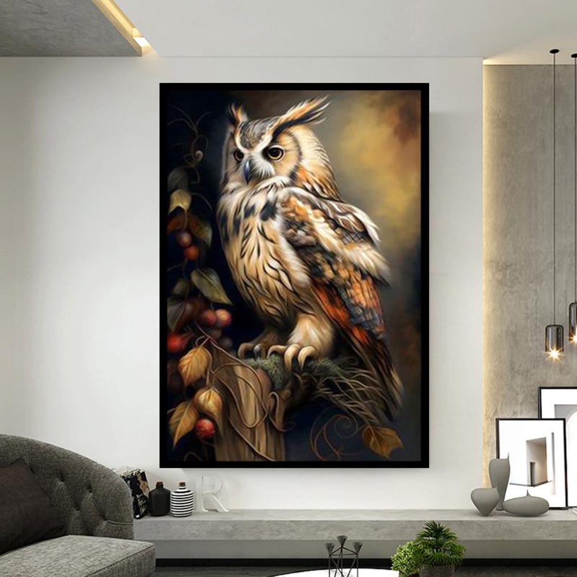 Long Eared Owl Perched Among Autumn Leaves And Berries Poster - Image 2