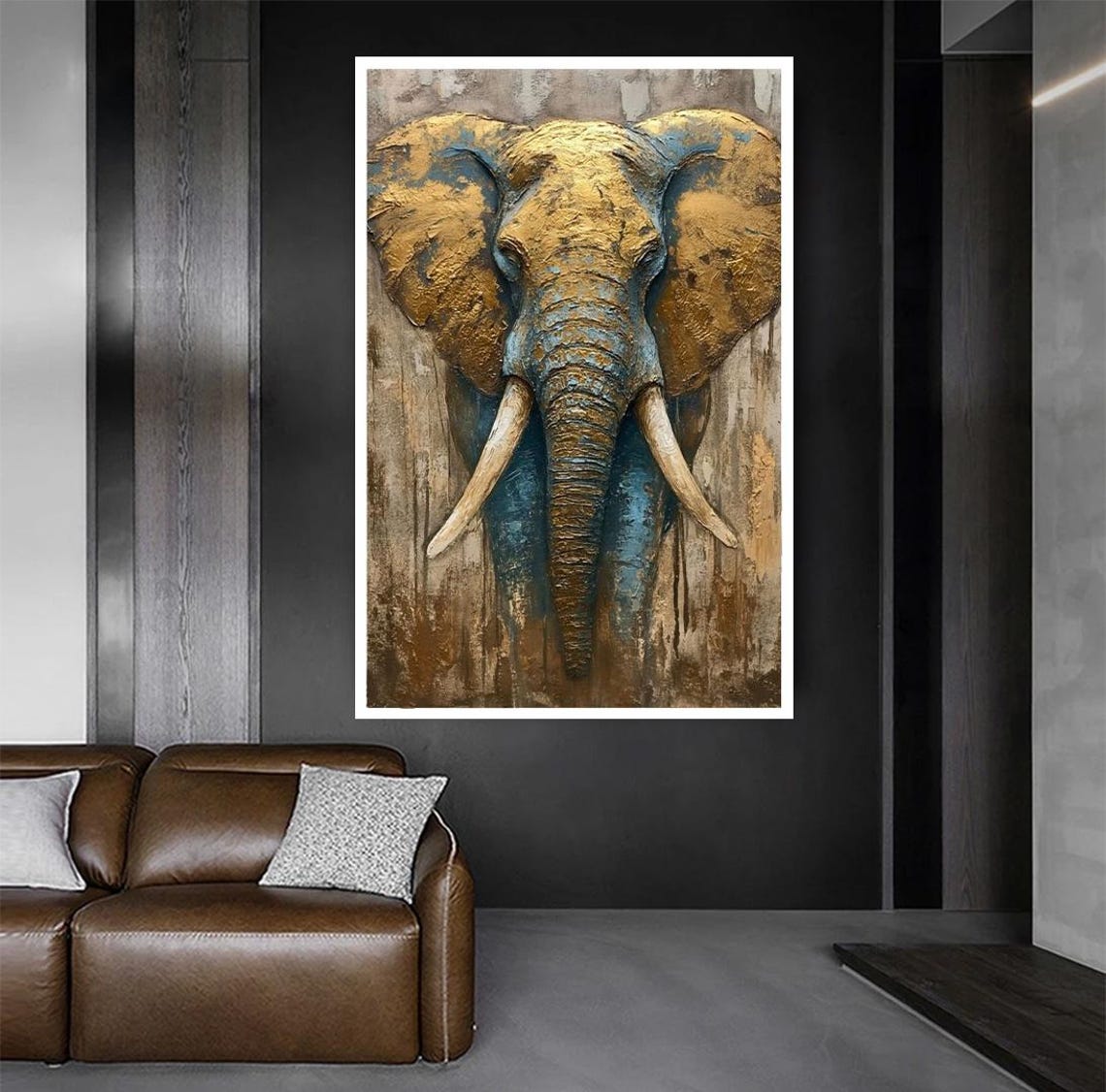 Textured Gold Blue Elephant Head Rustic Impasto Wildlife Poster - Image 5