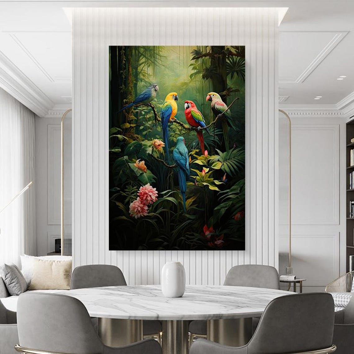 Five Colorful Parrots Perched In Lush Tropical Jungle Art Poster - Image 4