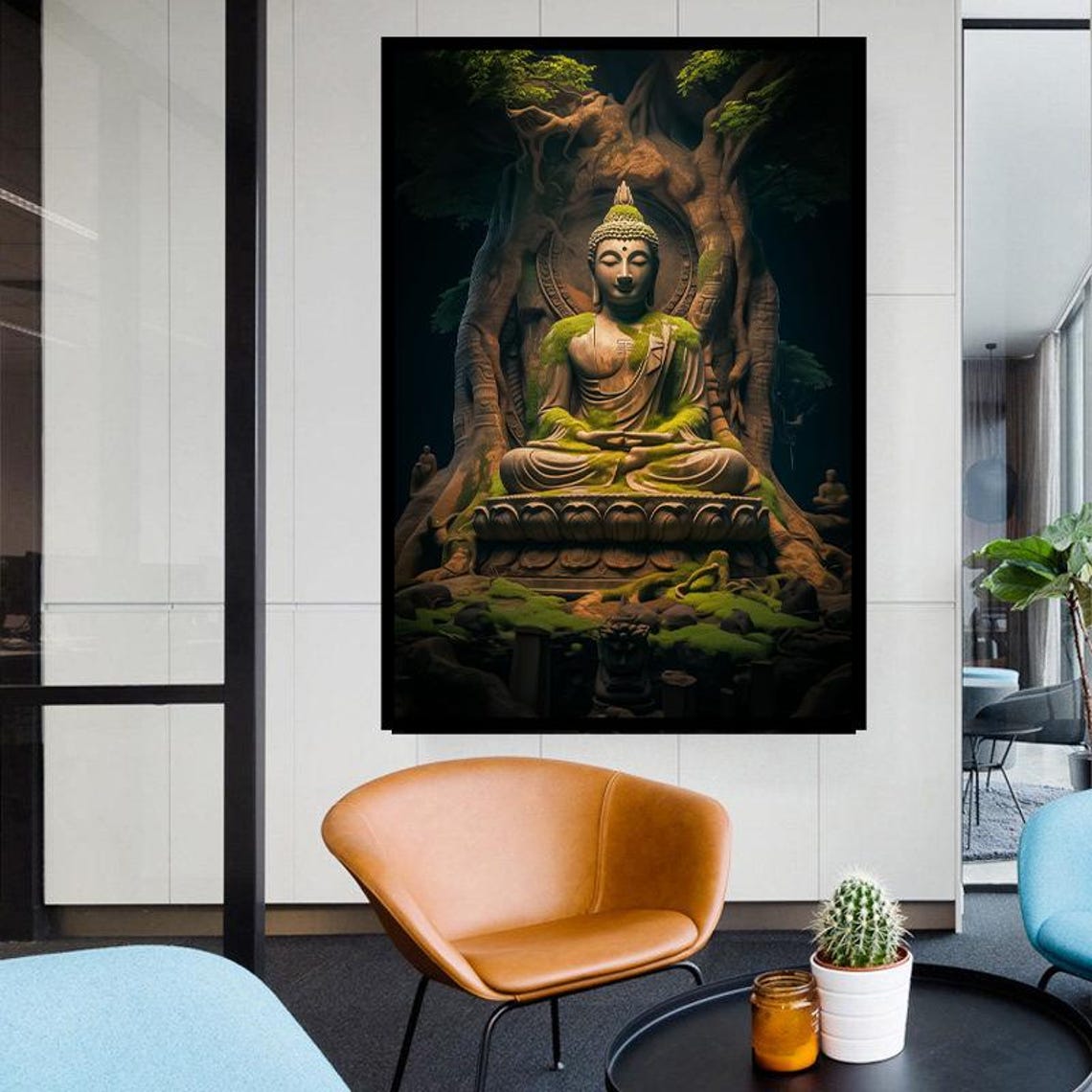 Meditating Buddha Statue Beneath Ancient Tree Roots Zen Art Poster - Image 3