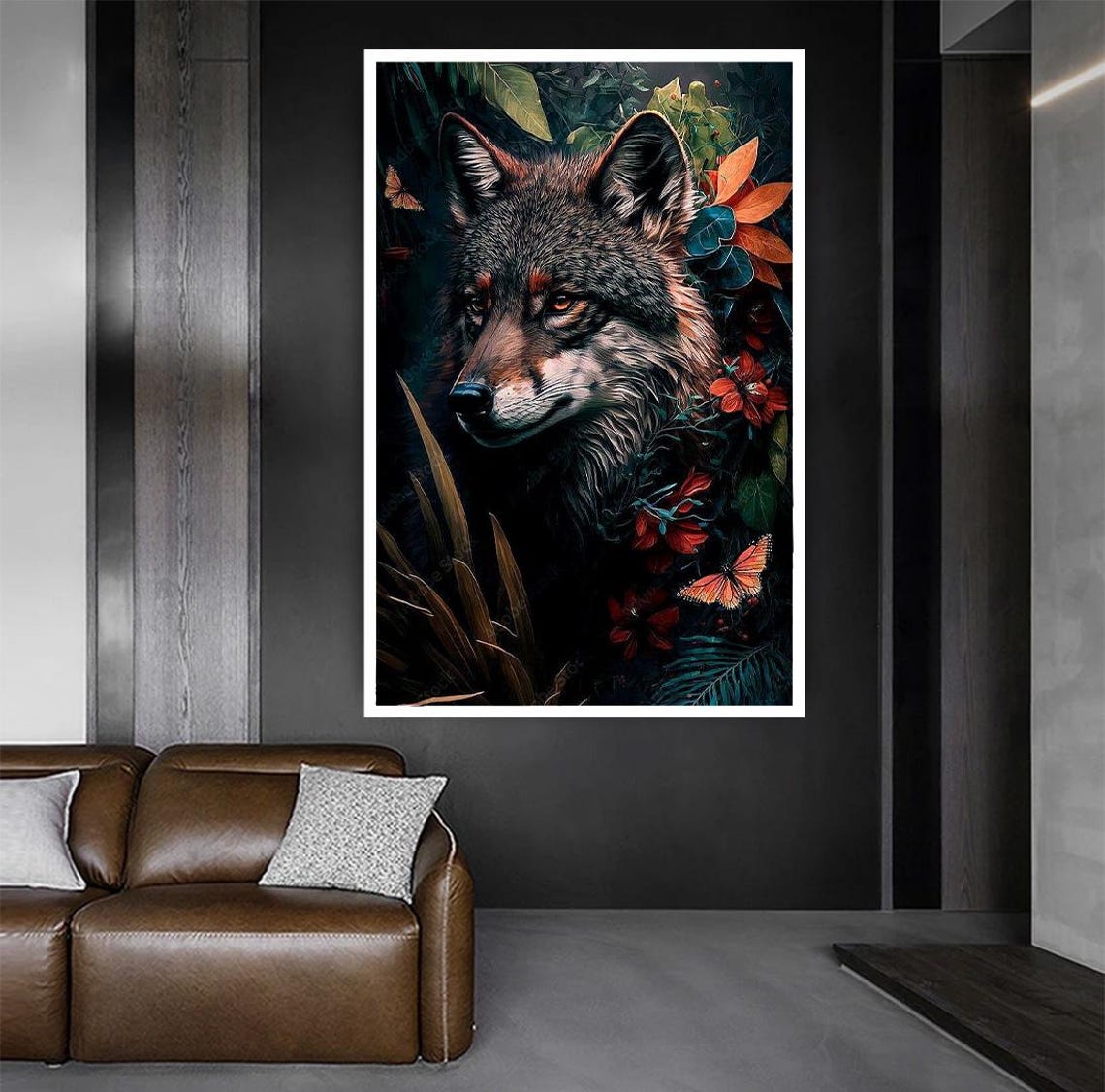 Wolf Portrait Among Dark Flowers And Butterflies Forestcore Poster - Image 5