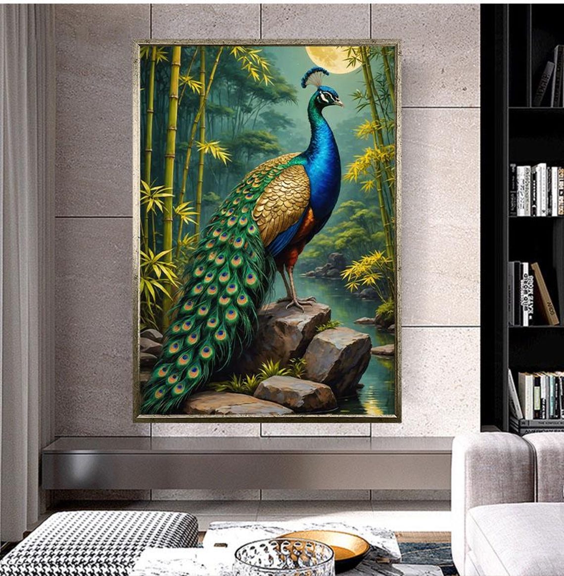 Peacock Standing On Rocks In Bamboo Forest By Moonlit Lake Poster - Image 5